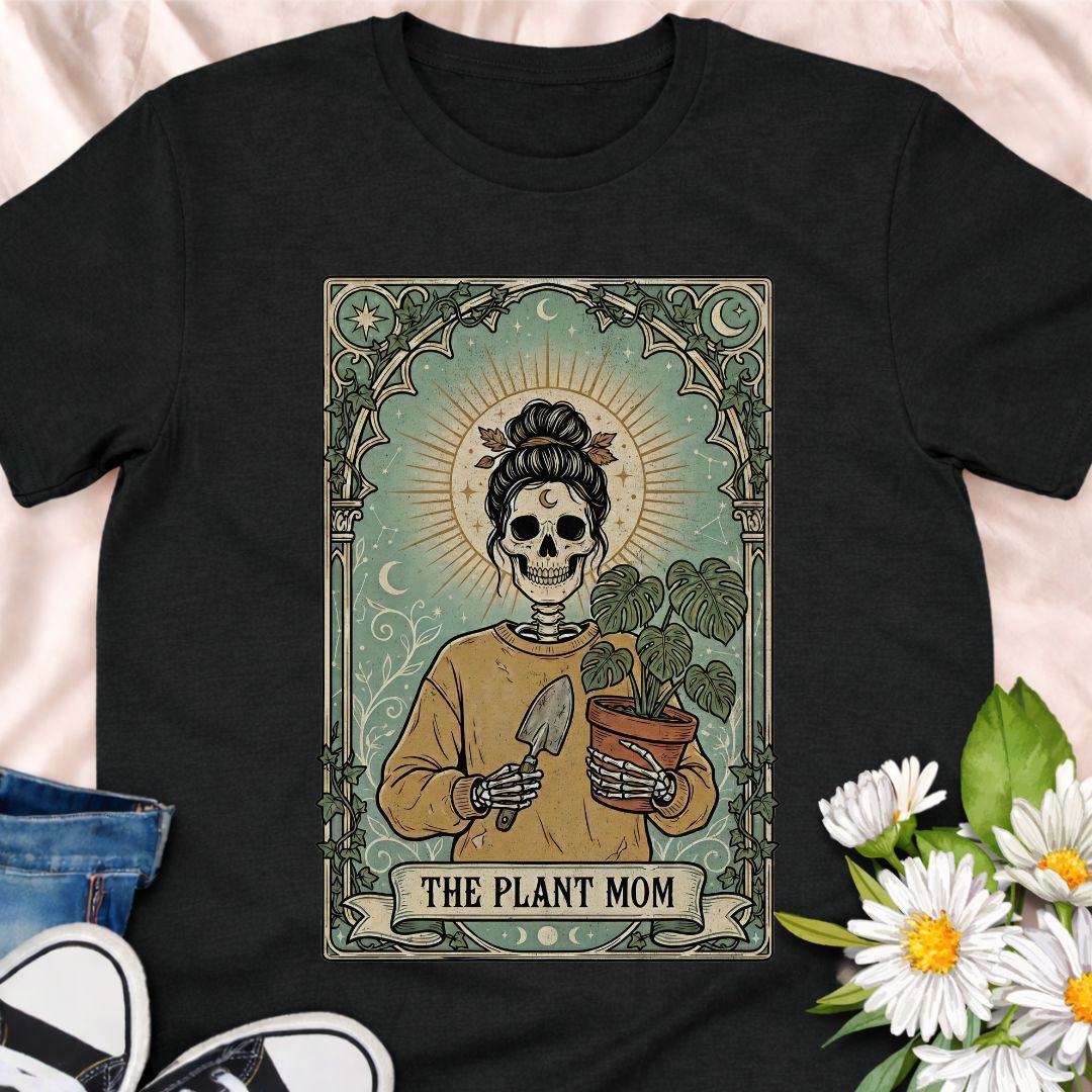 Dark botanical Plant Mom design featuring a skeleton plant lover holding a monstera in a vintage gothic illustration style. Perfect for houseplant collectors, plant moms, and lovers of spooky botanical art.