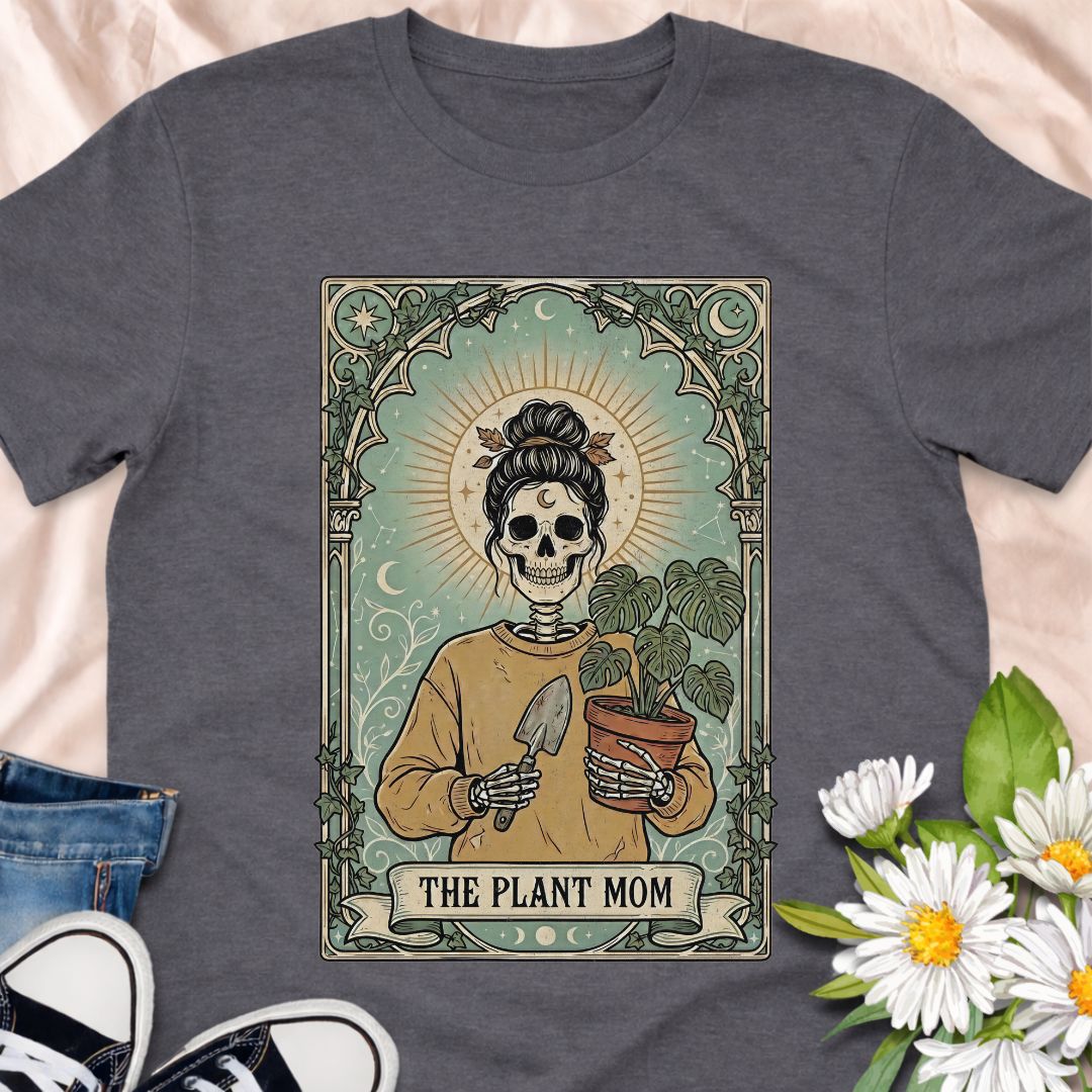 Dark botanical Plant Mom design featuring a skeleton plant lover holding a monstera in a vintage gothic illustration style. Perfect for houseplant collectors, plant moms, and lovers of spooky botanical art.