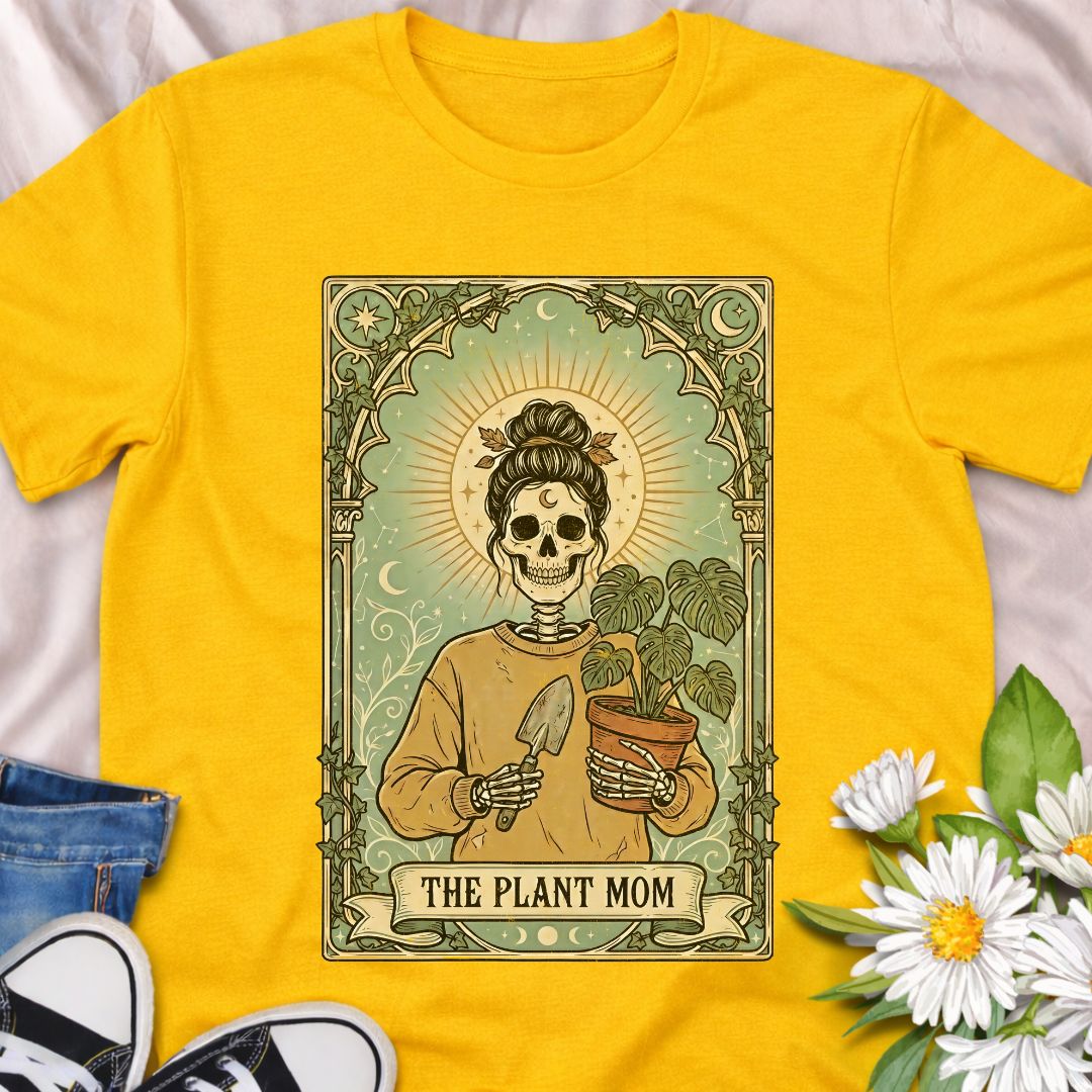 Dark botanical Plant Mom design featuring a skeleton plant lover holding a monstera in a vintage gothic illustration style. Perfect for houseplant collectors, plant moms, and lovers of spooky botanical art.