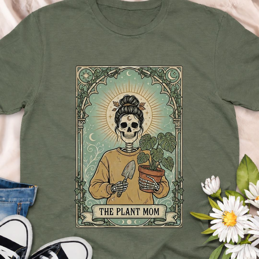 Dark botanical Plant Mom design featuring a skeleton plant lover holding a monstera in a vintage gothic illustration style. Perfect for houseplant collectors, plant moms, and lovers of spooky botanical art.