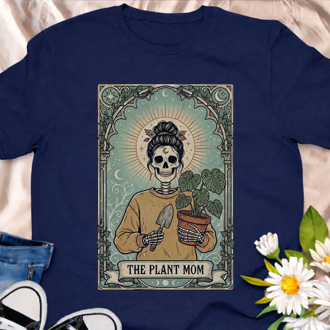 Dark botanical Plant Mom design featuring a skeleton plant lover holding a monstera in a vintage gothic illustration style. Perfect for houseplant collectors, plant moms, and lovers of spooky botanical art.