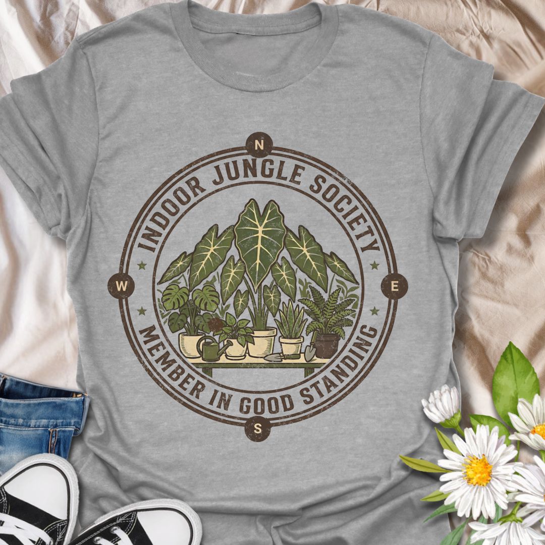 Indoor Jungle Society plant lover shirt for houseplant collectors and plant moms. Perfect for indoor gardeners, plant lovers, and anyone proud of their growing indoor jungle.