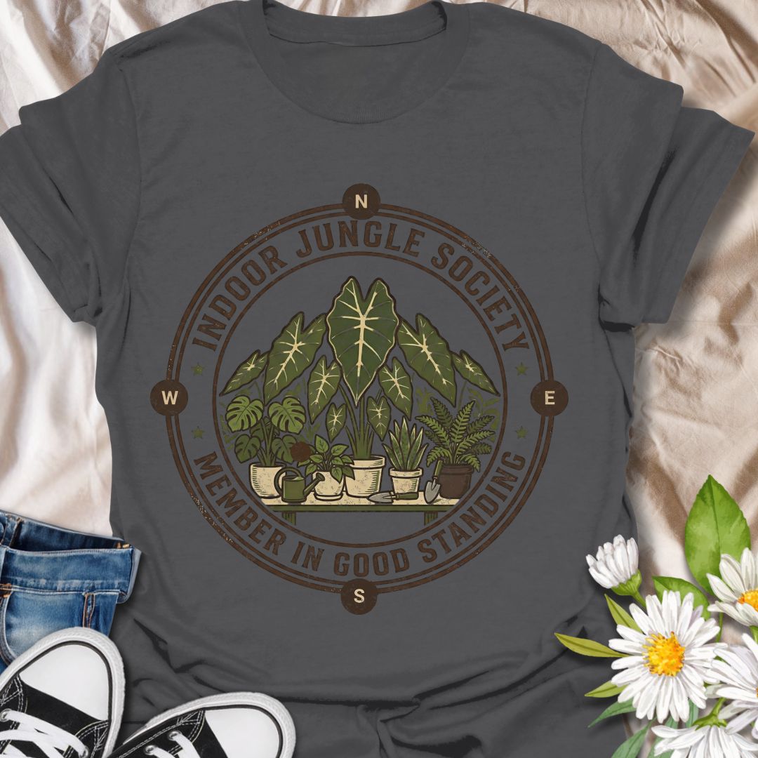 Indoor Jungle Society plant lover shirt for houseplant collectors and plant moms. Perfect for indoor gardeners, plant lovers, and anyone proud of their growing indoor jungle.