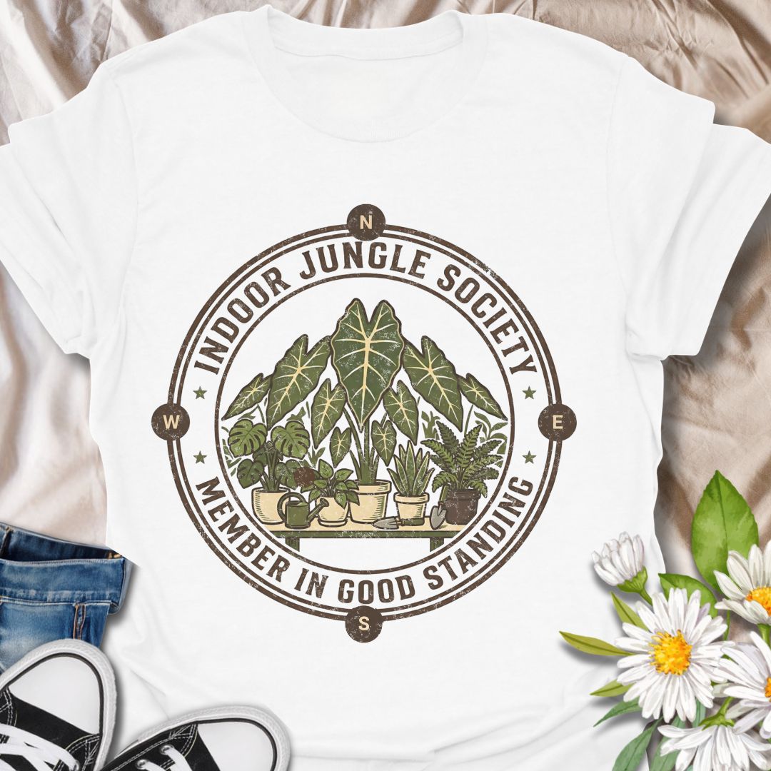 Indoor Jungle Society plant lover shirt for houseplant collectors and plant moms. Perfect for indoor gardeners, plant lovers, and anyone proud of their growing indoor jungle.
