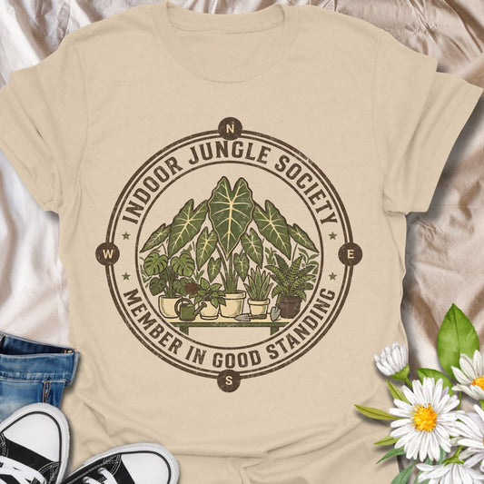 Indoor Jungle Society plant lover shirt for houseplant collectors and plant moms. Perfect for indoor gardeners, plant lovers, and anyone proud of their growing indoor jungle.