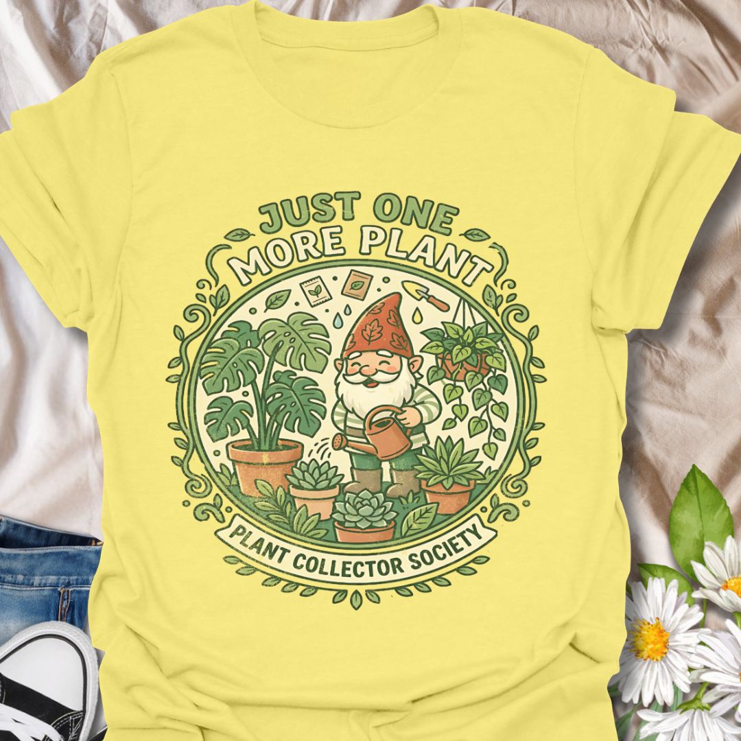 Just one more plant funny plant lover shirt featuring a cute gardening gnome and houseplants. Perfect gift for plant collectors, plant moms, and indoor gardeners who can’t stop buying plants.