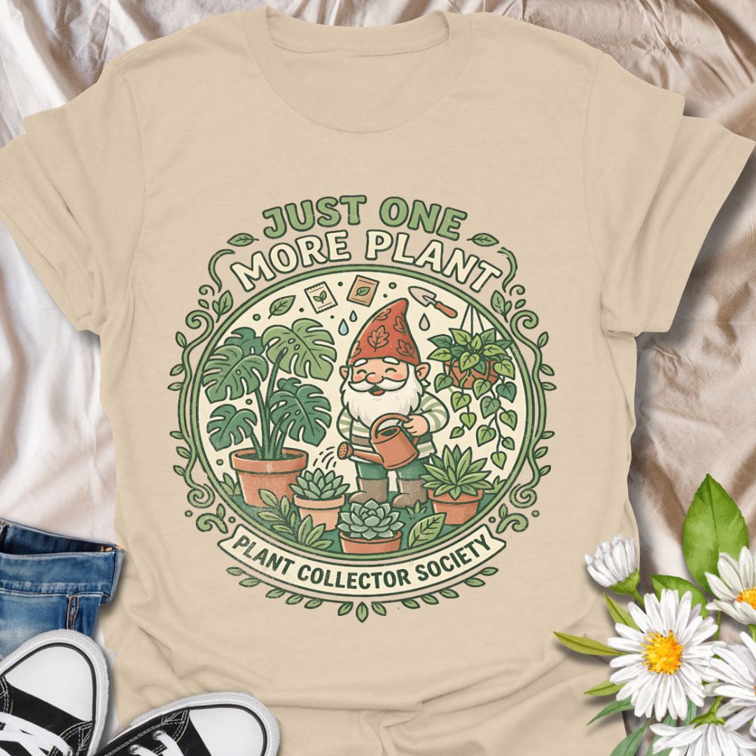 Just one more plant funny plant lover shirt featuring a cute gardening gnome and houseplants. Perfect gift for plant collectors, plant moms, and indoor gardeners who can’t stop buying plants.
