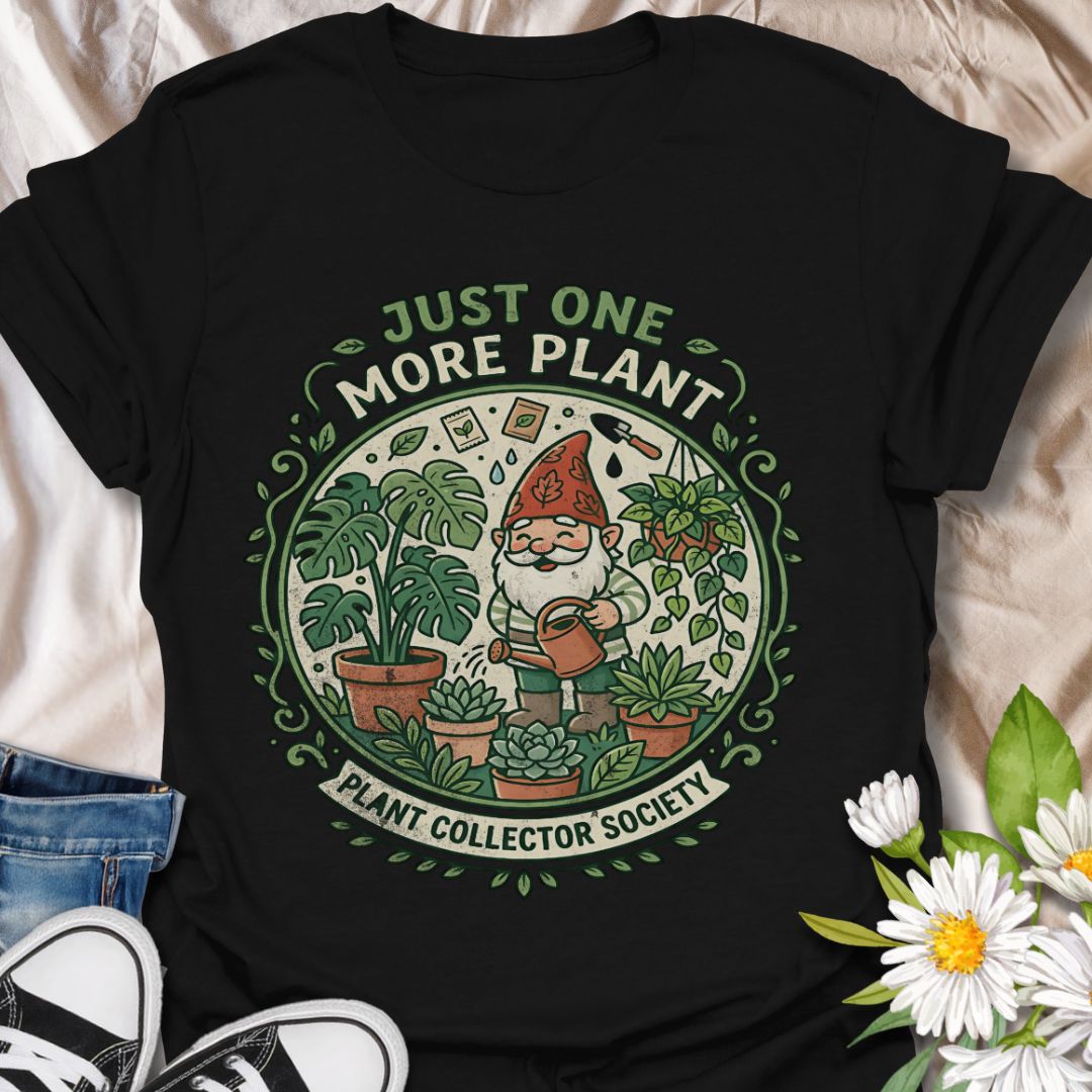 Just one more plant funny plant lover shirt featuring a cute gardening gnome and houseplants. Perfect gift for plant collectors, plant moms, and indoor gardeners who can’t stop buying plants.