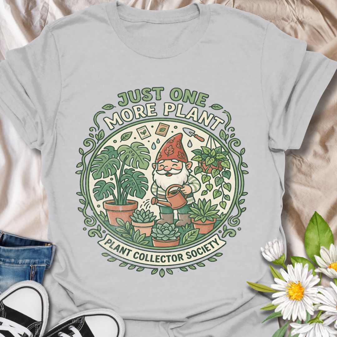 Just one more plant funny plant lover shirt featuring a cute gardening gnome and houseplants. Perfect gift for plant collectors, plant moms, and indoor gardeners who can’t stop buying plants.