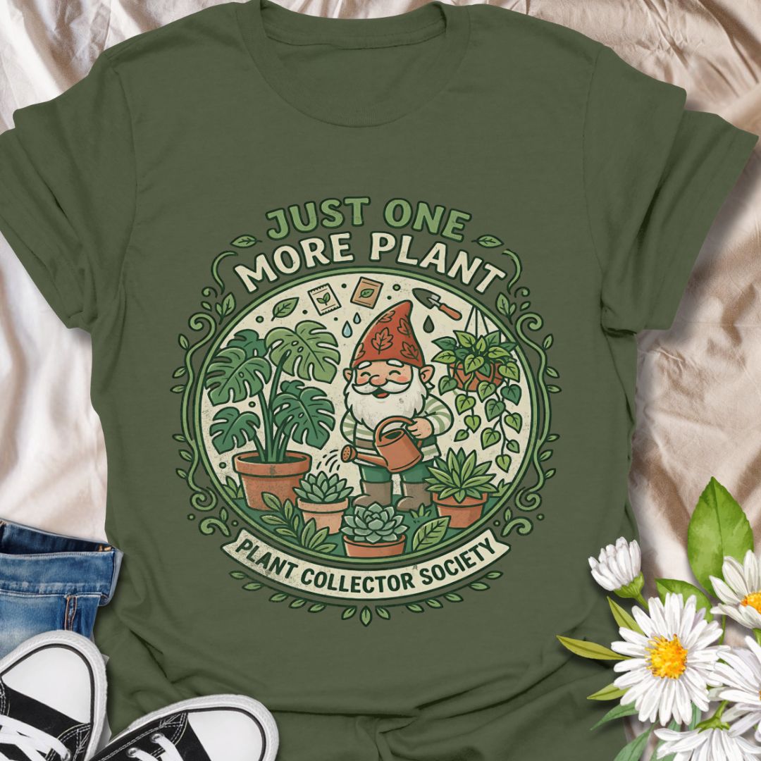 Just one more plant funny plant lover shirt featuring a cute gardening gnome and houseplants. Perfect gift for plant collectors, plant moms, and indoor gardeners who can’t stop buying plants.