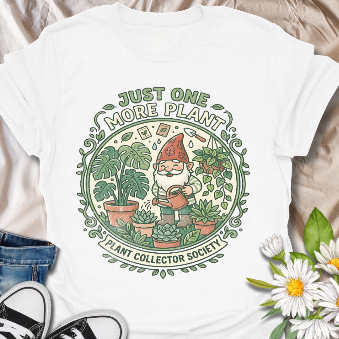 Just one more plant funny plant lover shirt featuring a cute gardening gnome and houseplants. Perfect gift for plant collectors, plant moms, and indoor gardeners who can’t stop buying plants.