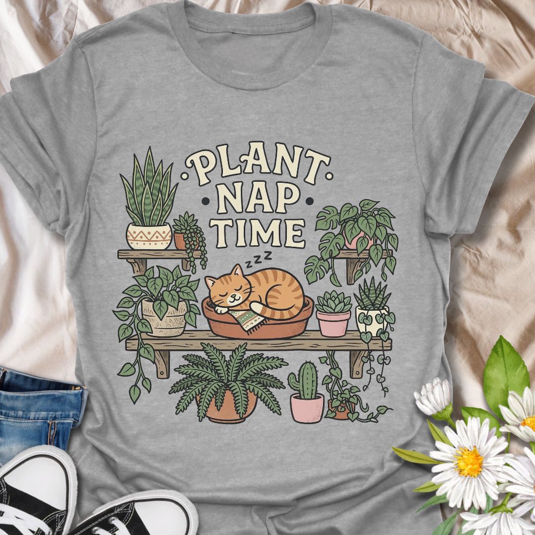 Plant nap time cute plant and cat shirt for plant lovers and houseplant collectors. Perfect gift for cat lovers, plant moms, and anyone who enjoys cozy indoor gardening vibes.