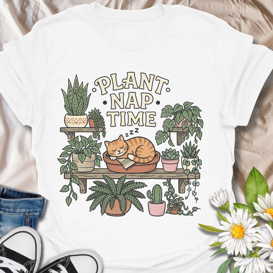 Plant nap time cute plant and cat shirt for plant lovers and houseplant collectors. Perfect gift for cat lovers, plant moms, and anyone who enjoys cozy indoor gardening vibes.