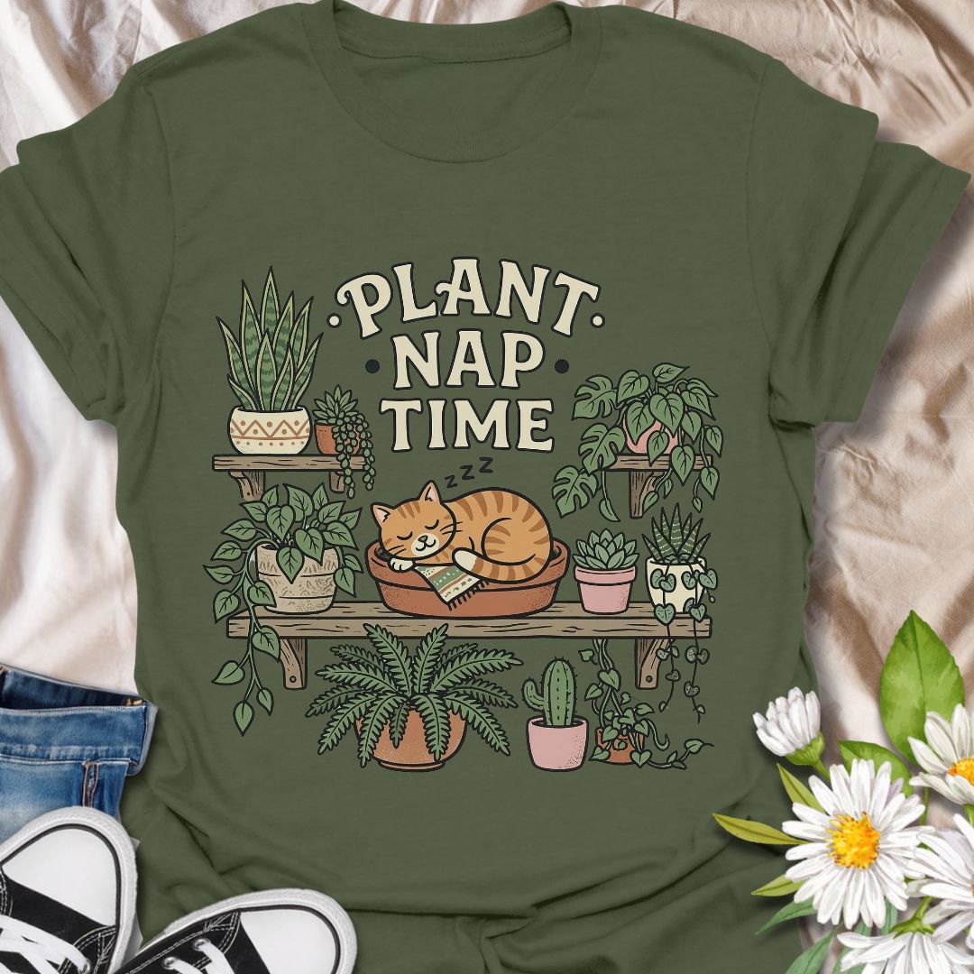 Plant nap time cute plant and cat shirt for plant lovers and houseplant collectors. Perfect gift for cat lovers, plant moms, and anyone who enjoys cozy indoor gardening vibes.