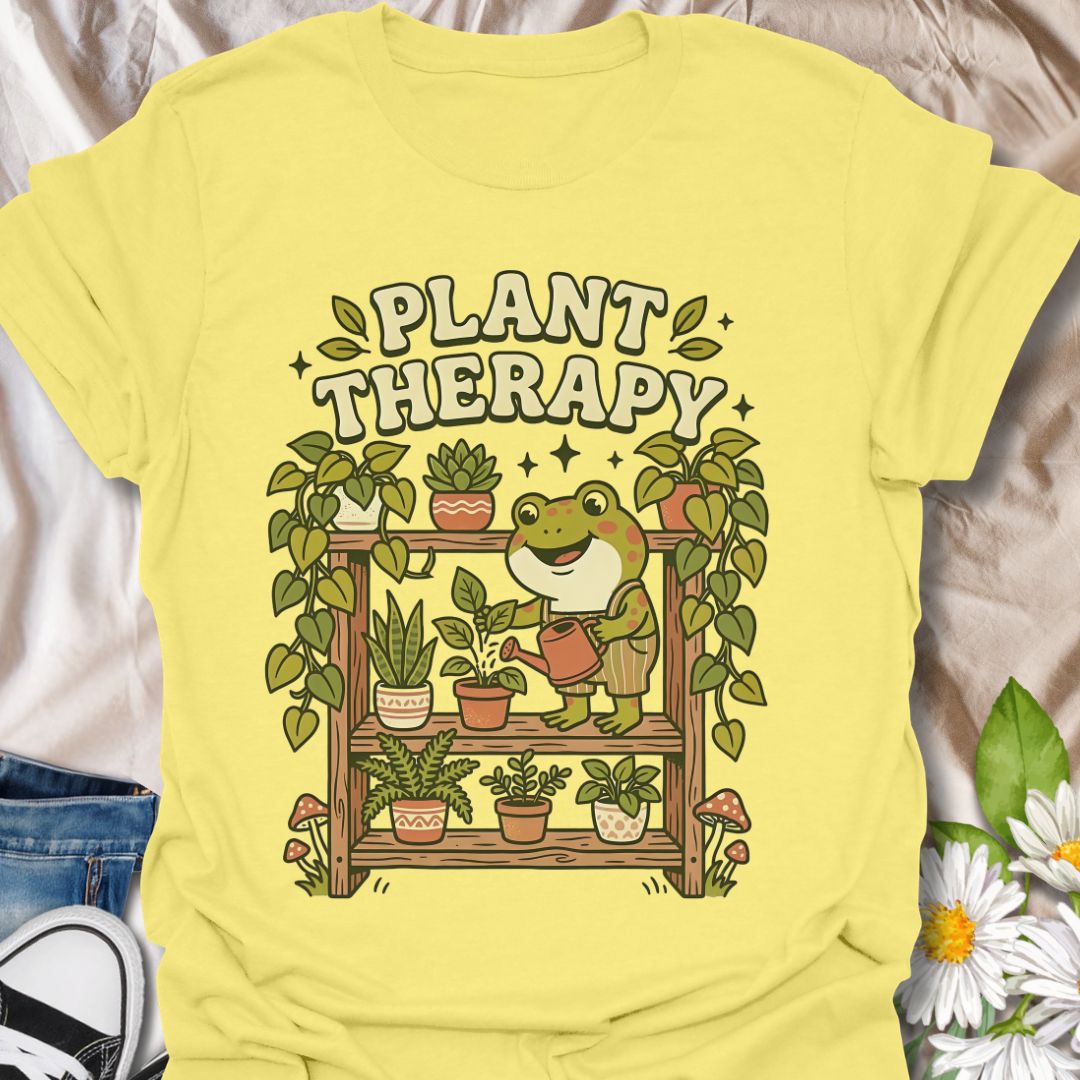 Plant therapy cute plant lover shirt featuring a frog watering houseplants. Perfect gift for plant lovers, plant moms, and anyone who finds peace and relaxation in indoor gardening.