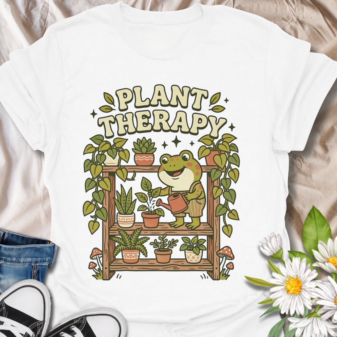 Plant therapy cute plant lover shirt featuring a frog watering houseplants. Perfect gift for plant lovers, plant moms, and anyone who finds peace and relaxation in indoor gardening.