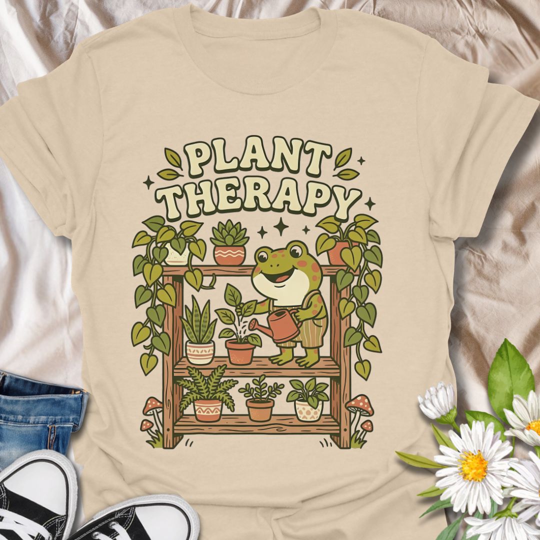 Plant therapy cute plant lover shirt featuring a frog watering houseplants. Perfect gift for plant lovers, plant moms, and anyone who finds peace and relaxation in indoor gardening.
