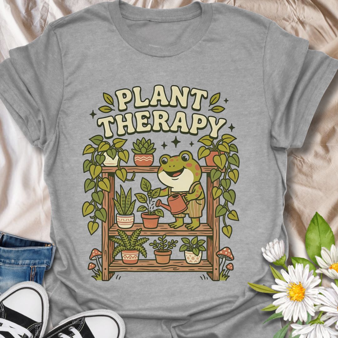 Plant therapy cute plant lover shirt featuring a frog watering houseplants. Perfect gift for plant lovers, plant moms, and anyone who finds peace and relaxation in indoor gardening.