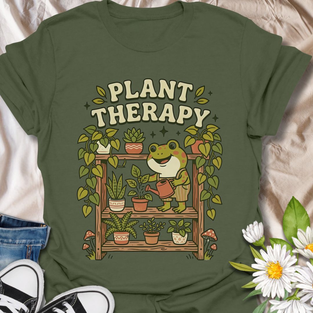 Plant therapy cute plant lover shirt featuring a frog watering houseplants. Perfect gift for plant lovers, plant moms, and anyone who finds peace and relaxation in indoor gardening.