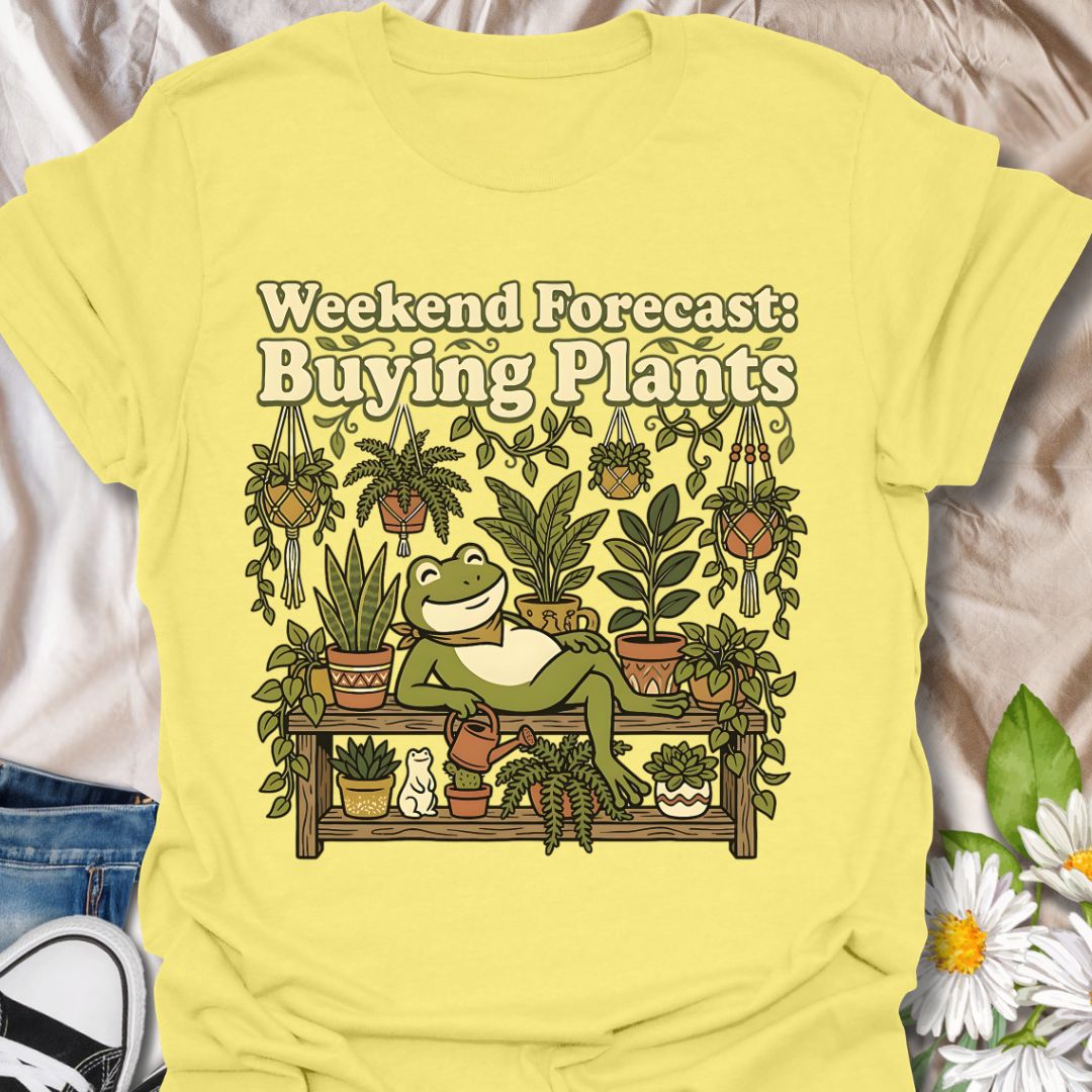 Weekend forecast buying plants funny plant lover shirt featuring a cute frog and houseplants. Perfect gift for plant lovers, plant moms, and anyone who spends weekends adding to their plant collection.
