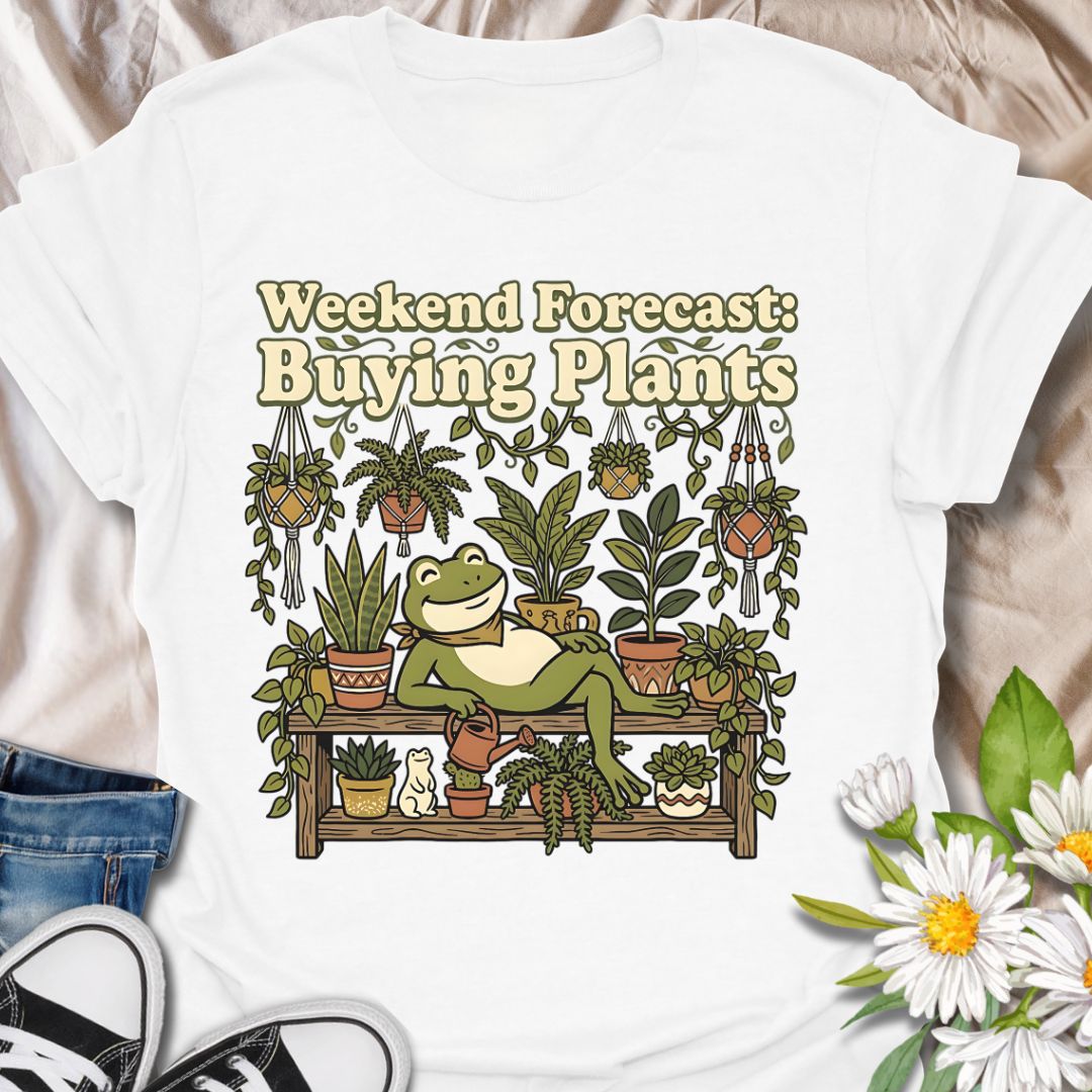 Weekend forecast buying plants funny plant lover shirt featuring a cute frog and houseplants. Perfect gift for plant lovers, plant moms, and anyone who spends weekends adding to their plant collection.