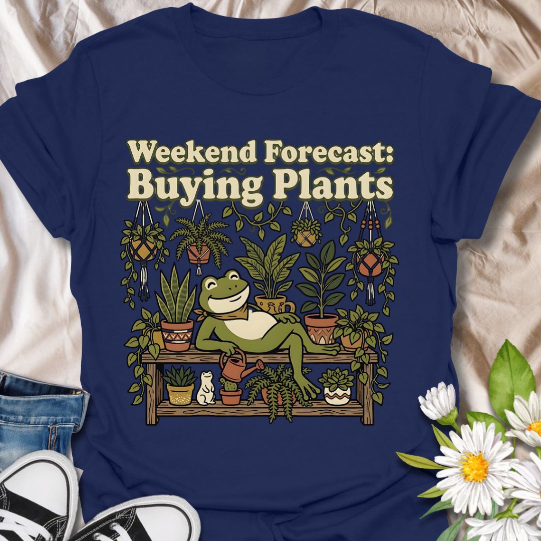 Weekend forecast buying plants funny plant lover shirt featuring a cute frog and houseplants. Perfect gift for plant lovers, plant moms, and anyone who spends weekends adding to their plant collection.