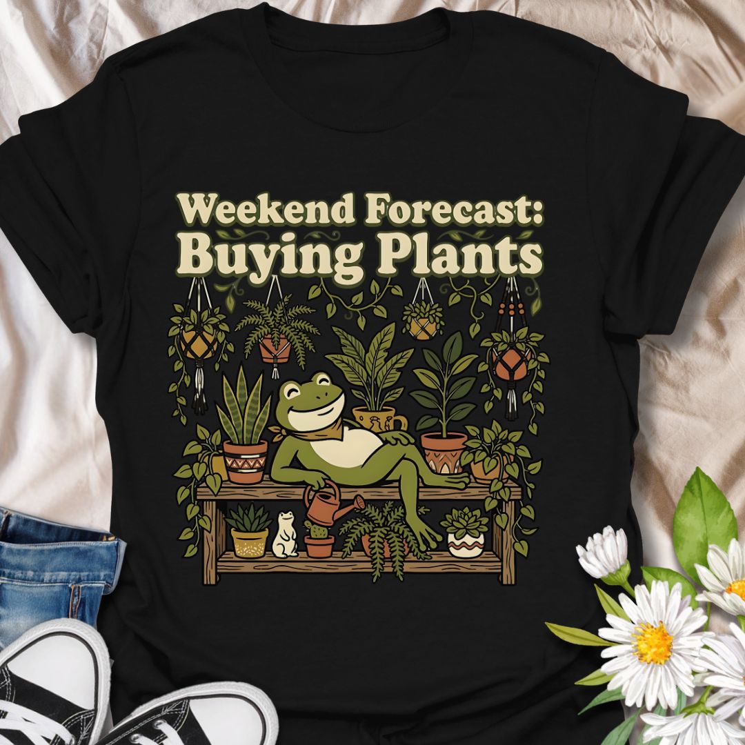 Weekend forecast buying plants funny plant lover shirt featuring a cute frog and houseplants. Perfect gift for plant lovers, plant moms, and anyone who spends weekends adding to their plant collection.