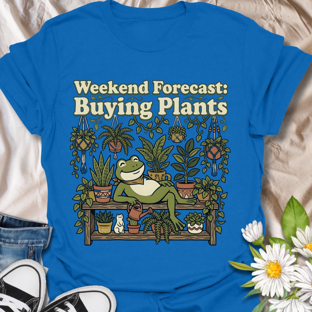 Weekend forecast buying plants funny plant lover shirt featuring a cute frog and houseplants. Perfect gift for plant lovers, plant moms, and anyone who spends weekends adding to their plant collection.