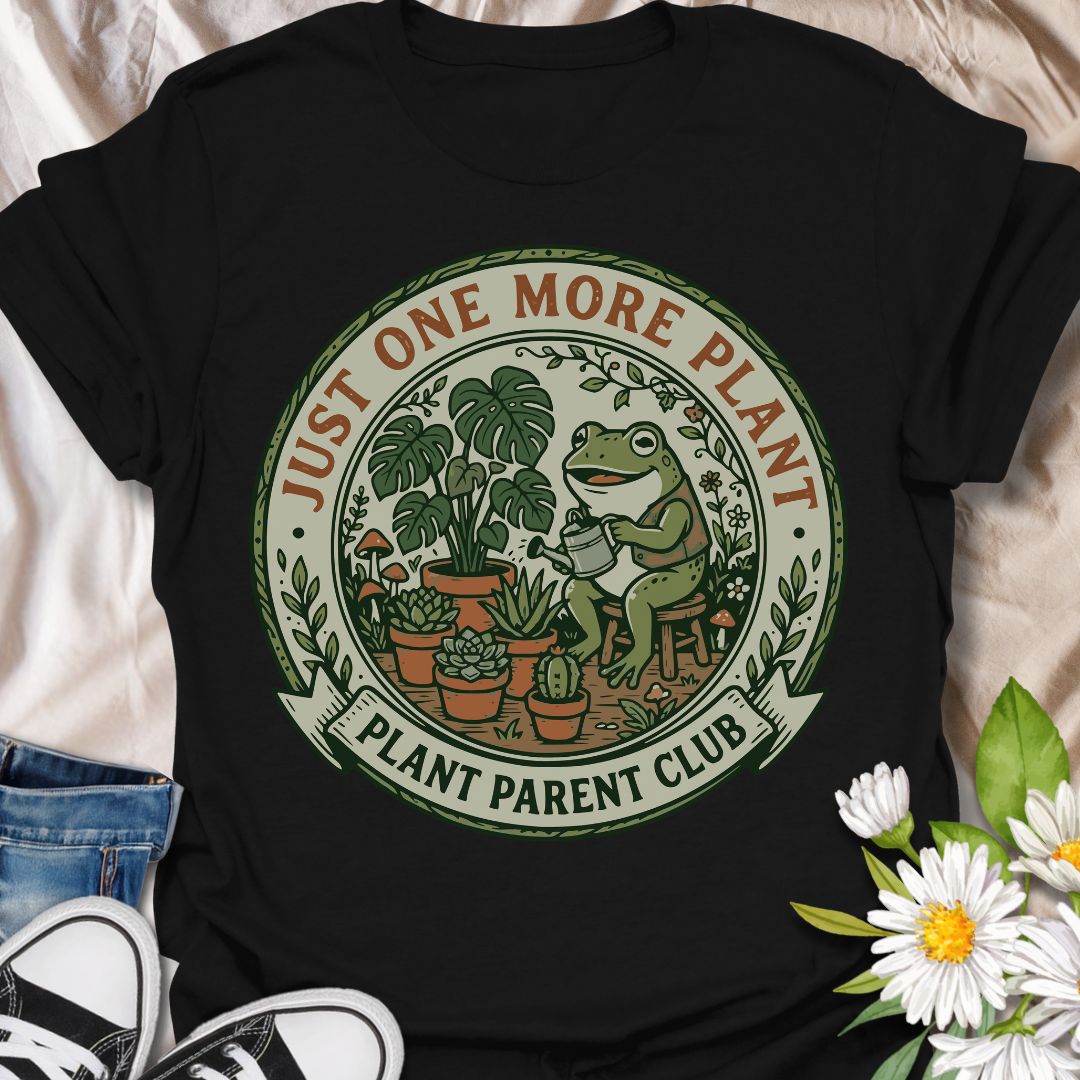 Just one more plant plant parent club shirt featuring a cute frog and houseplants. Perfect gift for plant parents, plant lovers, and indoor gardeners who can’t stop growing their collection.