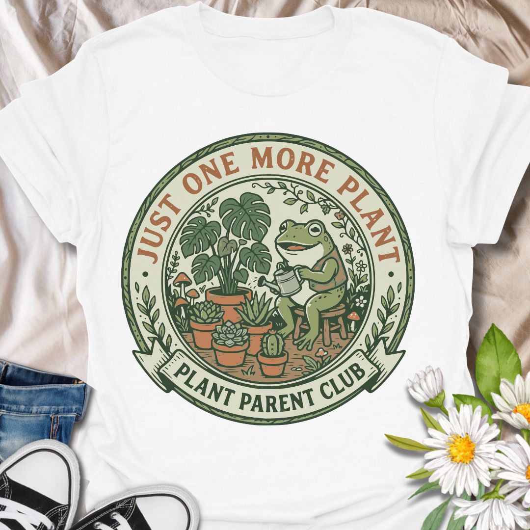 Just one more plant plant parent club shirt featuring a cute frog and houseplants. Perfect gift for plant parents, plant lovers, and indoor gardeners who can’t stop growing their collection.