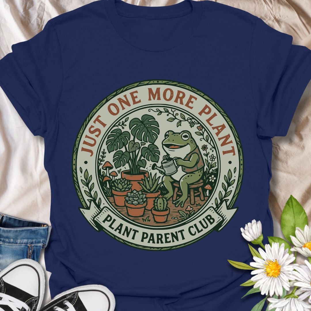 Just one more plant plant parent club shirt featuring a cute frog and houseplants. Perfect gift for plant parents, plant lovers, and indoor gardeners who can’t stop growing their collection.