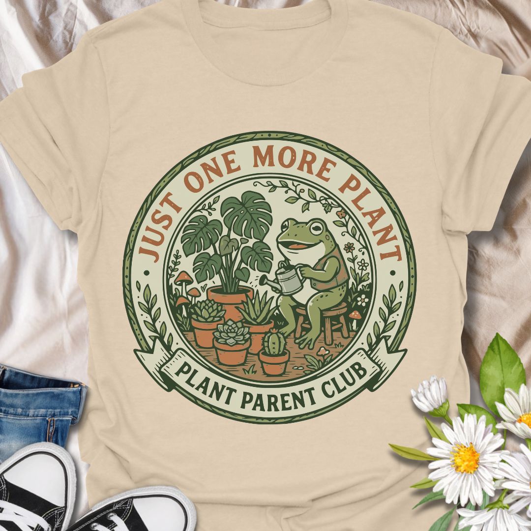 Just one more plant plant parent club shirt featuring a cute frog and houseplants. Perfect gift for plant parents, plant lovers, and indoor gardeners who can’t stop growing their collection.