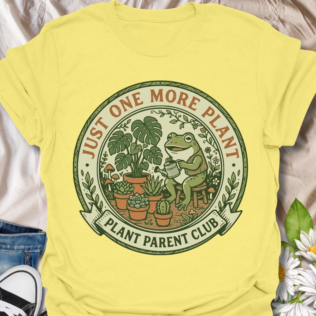Just one more plant plant parent club shirt featuring a cute frog and houseplants. Perfect gift for plant parents, plant lovers, and indoor gardeners who can’t stop growing their collection.