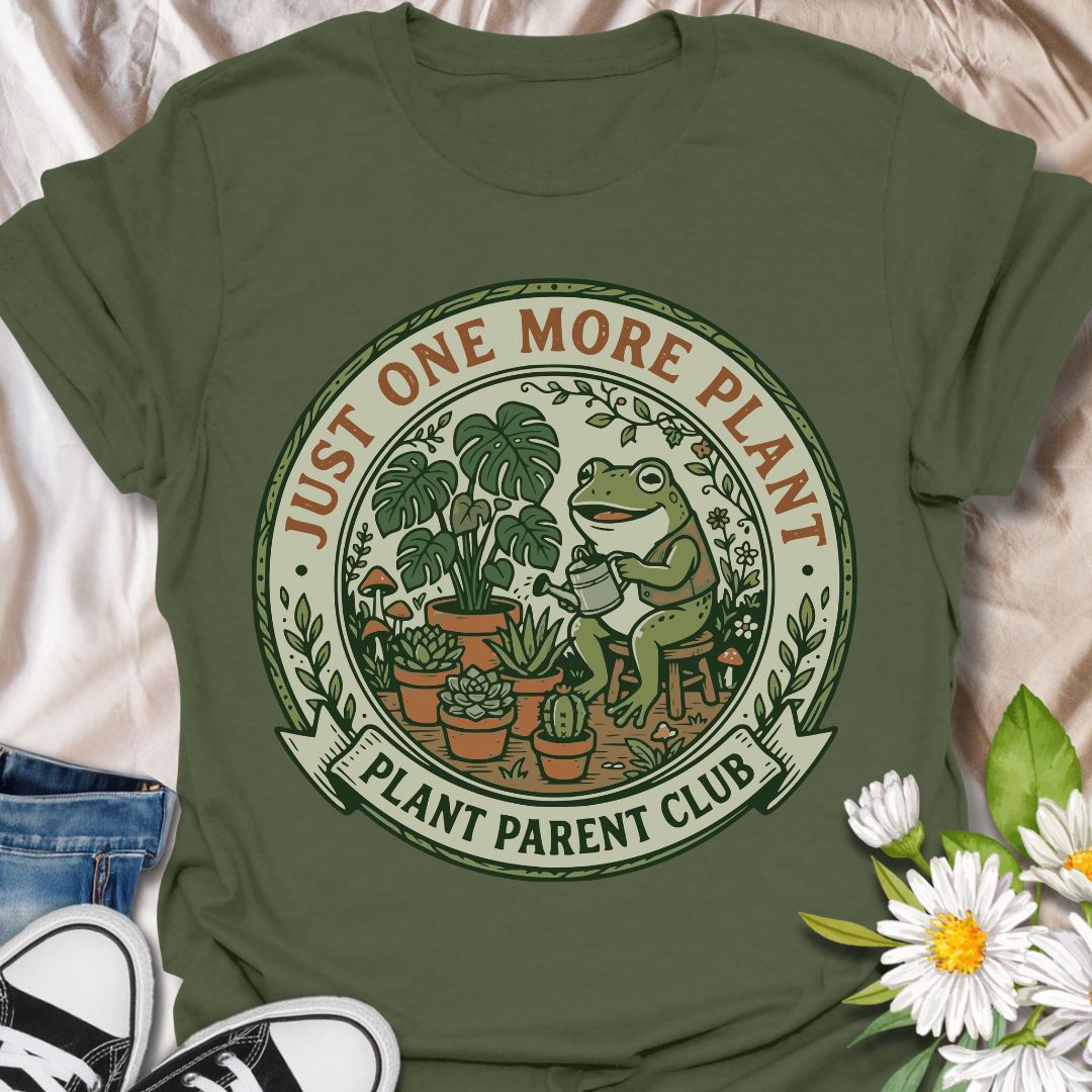 Just one more plant plant parent club shirt featuring a cute frog and houseplants. Perfect gift for plant parents, plant lovers, and indoor gardeners who can’t stop growing their collection.