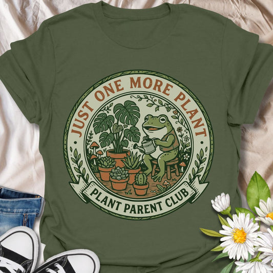 Just one more plant plant parent club shirt featuring a cute frog and houseplants. Perfect gift for plant parents, plant lovers, and indoor gardeners who can’t stop growing their collection.