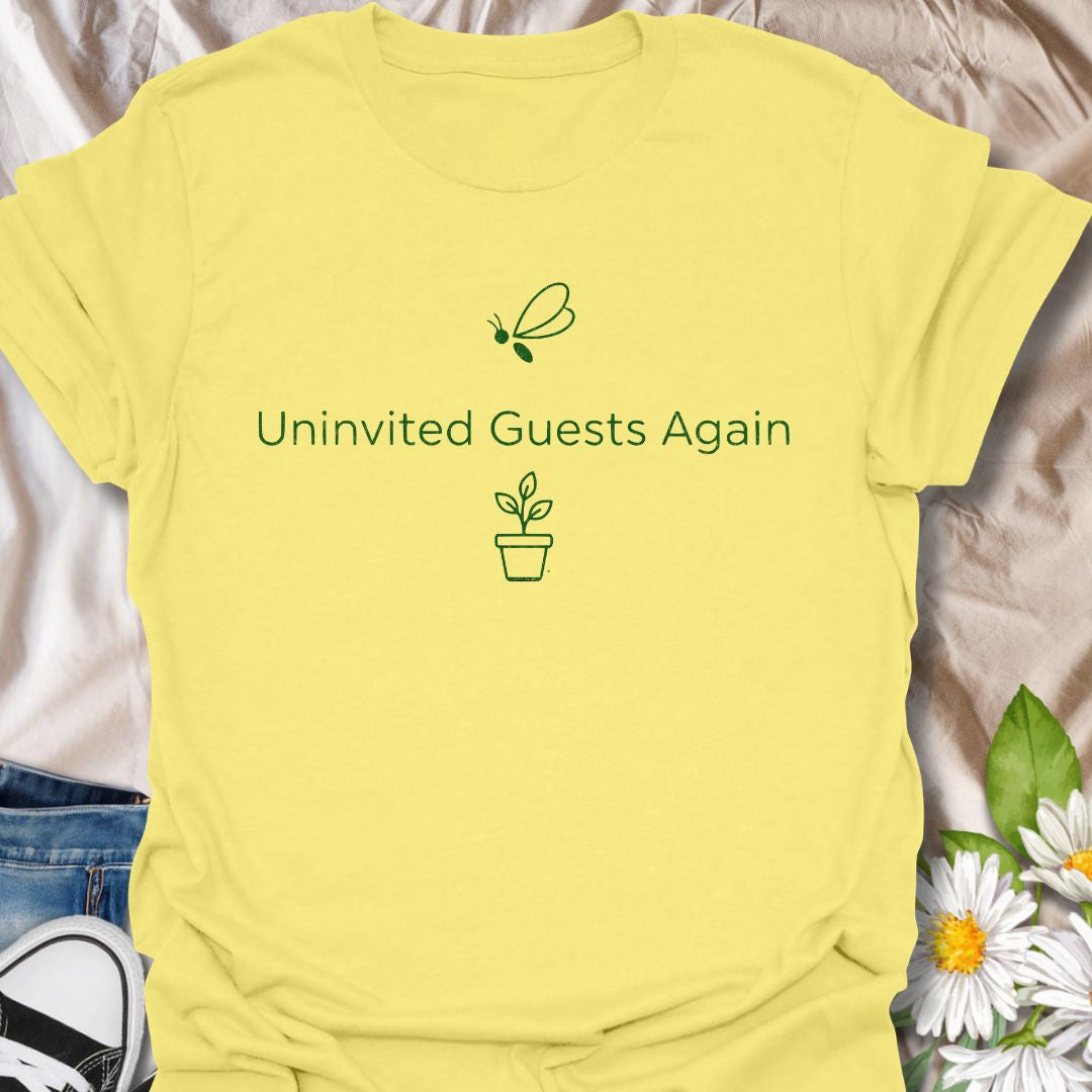 Funny plant lover t-shirt featuring “Uninvited Guests Again” with a plant and gnat illustration. Perfect for houseplant owners who know the struggle with pests. A clean, minimalist botanical tee with niche humor for everyday wear or gifting.