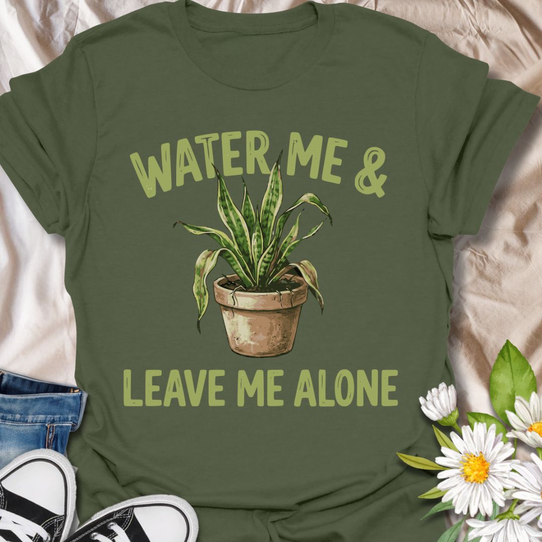 Funny plant lover t-shirt featuring “Water Me &amp; Leave Me Alone” with a houseplant graphic. Perfect for plant parents, introverts, and anyone who loves plants and personal space. A relatable botanical tee for everyday wear or gifting.