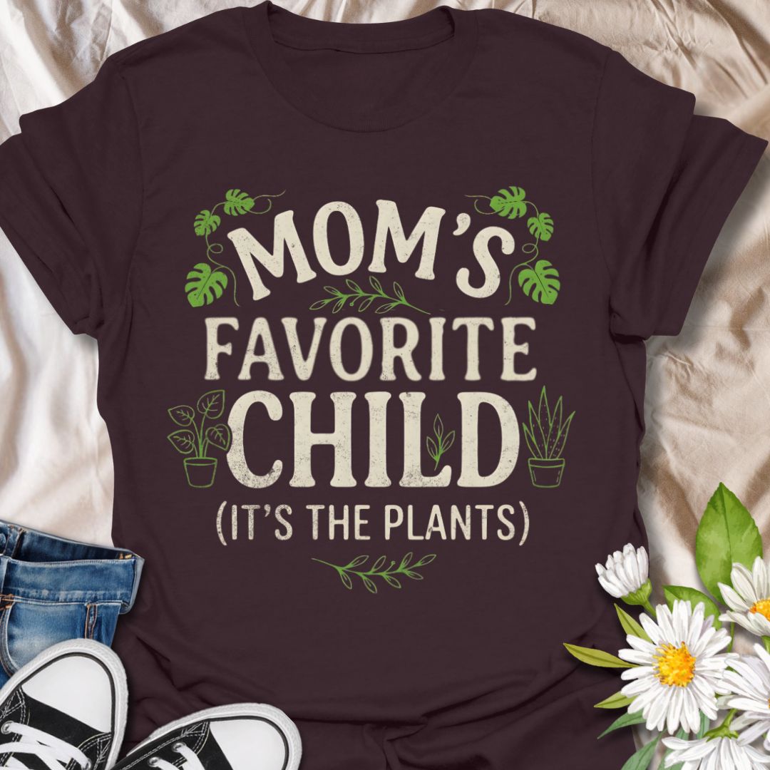Funny plant lover t-shirt featuring “Mom’s Favorite Child (It’s the Plants).” Perfect for plant moms, houseplant lovers, and anyone who treats plants like family. A playful botanical tee ideal for everyday wear or gifting.