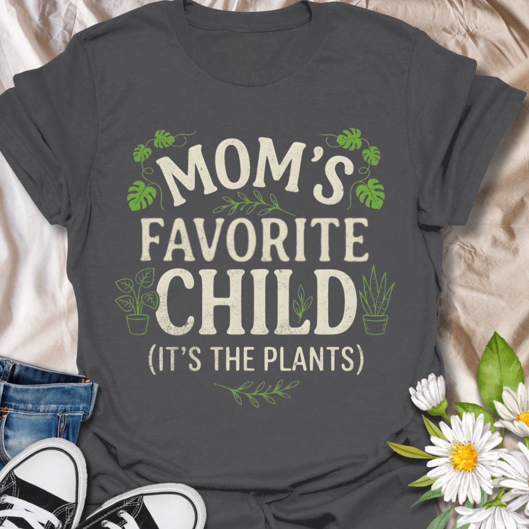 Funny plant lover t-shirt featuring “Mom’s Favorite Child (It’s the Plants).” Perfect for plant moms, houseplant lovers, and anyone who treats plants like family. A playful botanical tee ideal for everyday wear or gifting.