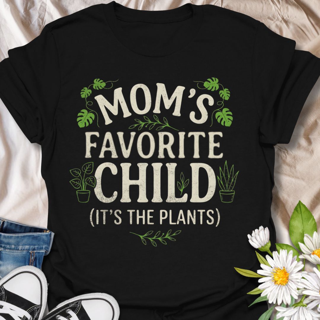 Funny plant lover t-shirt featuring “Mom’s Favorite Child (It’s the Plants).” Perfect for plant moms, houseplant lovers, and anyone who treats plants like family. A playful botanical tee ideal for everyday wear or gifting.