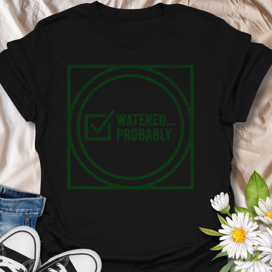 Funny plant lover t-shirt featuring the phrase “Watered… Probably” in a distressed green graphic. A relatable botanical tee for plant parents, houseplant owners, and indoor gardeners with a sense of humor.