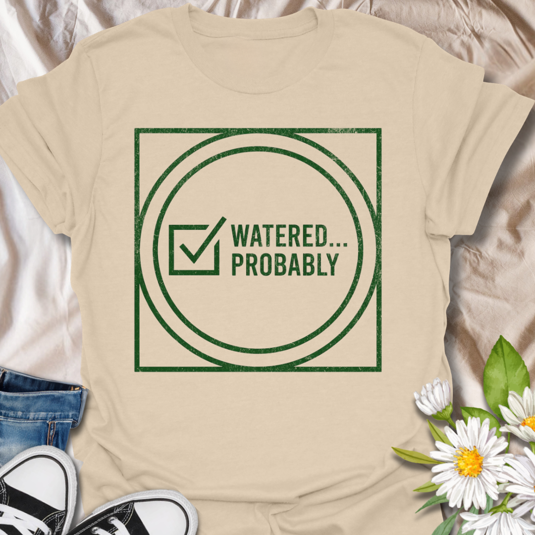 Funny plant lover t-shirt featuring the phrase “Watered… Probably” in a distressed green graphic. A relatable botanical tee for plant parents, houseplant owners, and indoor gardeners with a sense of humor.