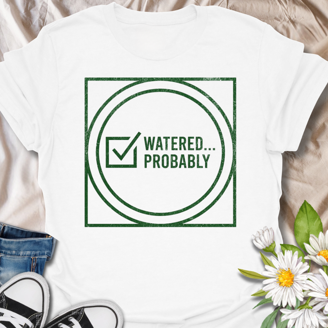 Funny plant lover t-shirt featuring the phrase “Watered… Probably” in a distressed green graphic. A relatable botanical tee for plant parents, houseplant owners, and indoor gardeners with a sense of humor.