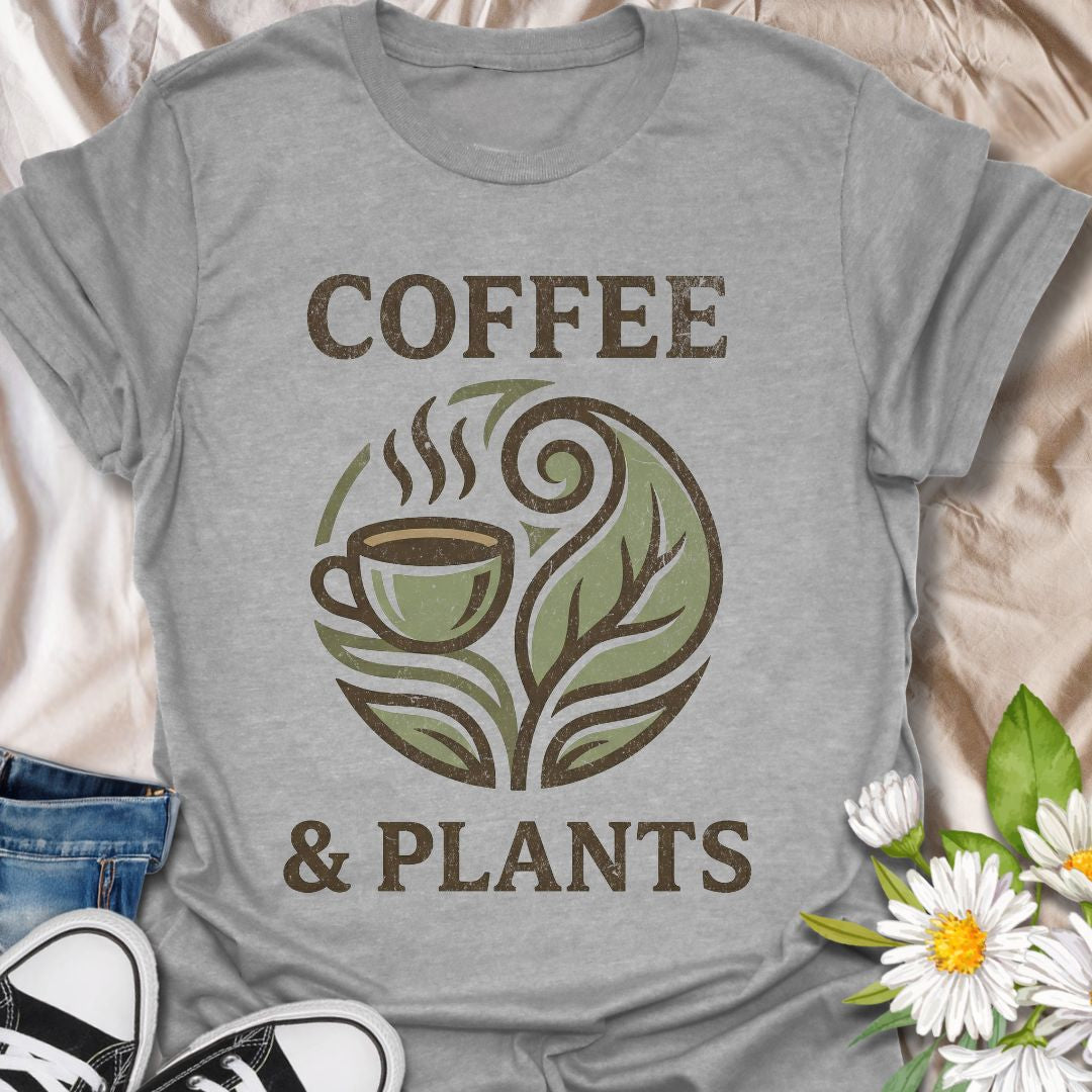 Funny coffee and plants t-shirt featuring a cozy coffee cup and botanical leaf graphic in a distressed vintage style. A cute plant lover tee for houseplant fans, plant moms, gardeners, and coffee lovers.