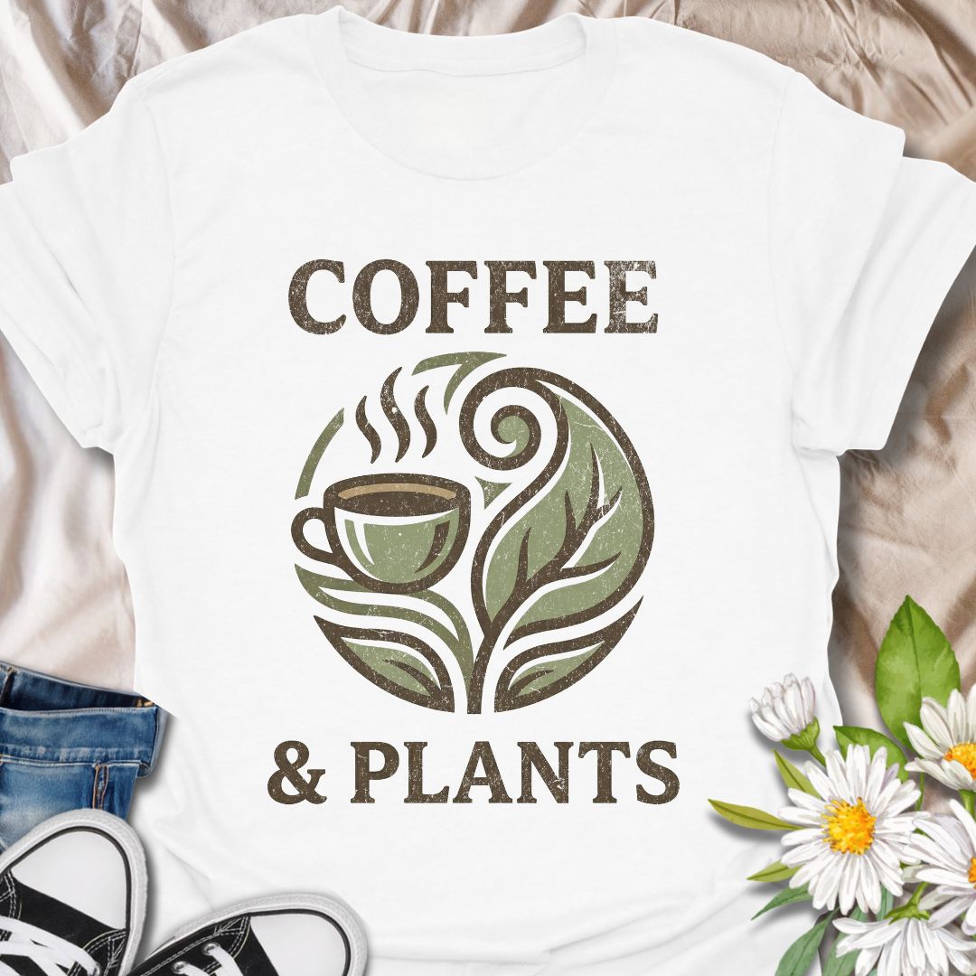 Funny coffee and plants t-shirt featuring a cozy coffee cup and botanical leaf graphic in a distressed vintage style. A cute plant lover tee for houseplant fans, plant moms, gardeners, and coffee lovers.