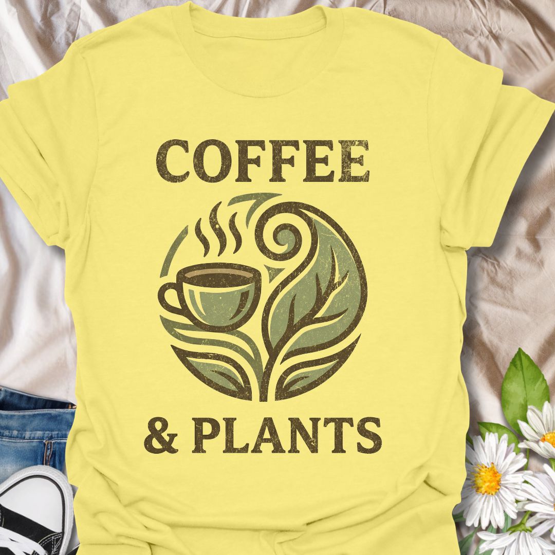 Funny coffee and plants t-shirt featuring a cozy coffee cup and botanical leaf graphic in a distressed vintage style. A cute plant lover tee for houseplant fans, plant moms, gardeners, and coffee lovers.