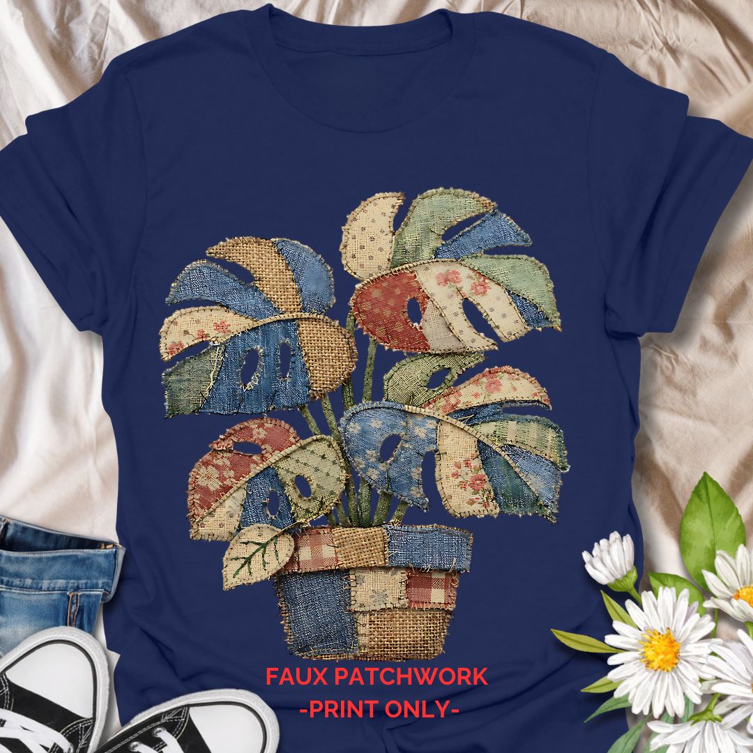 Cute faux patchwork plant t-shirt featuring a colorful monstera houseplant in a vintage quilt-inspired style. A cozy botanical tee for plant lovers, plant moms, indoor gardeners, and cottagecore fashion fans.
