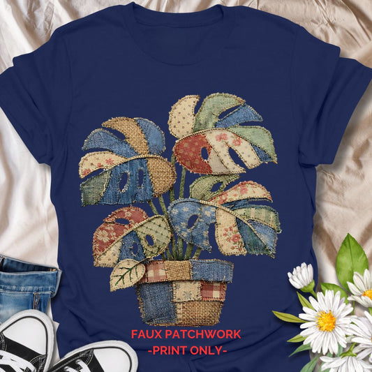 Cute faux patchwork plant t-shirt featuring a colorful monstera houseplant in a vintage quilt-inspired style. A cozy botanical tee for plant lovers, plant moms, indoor gardeners, and cottagecore fashion fans.