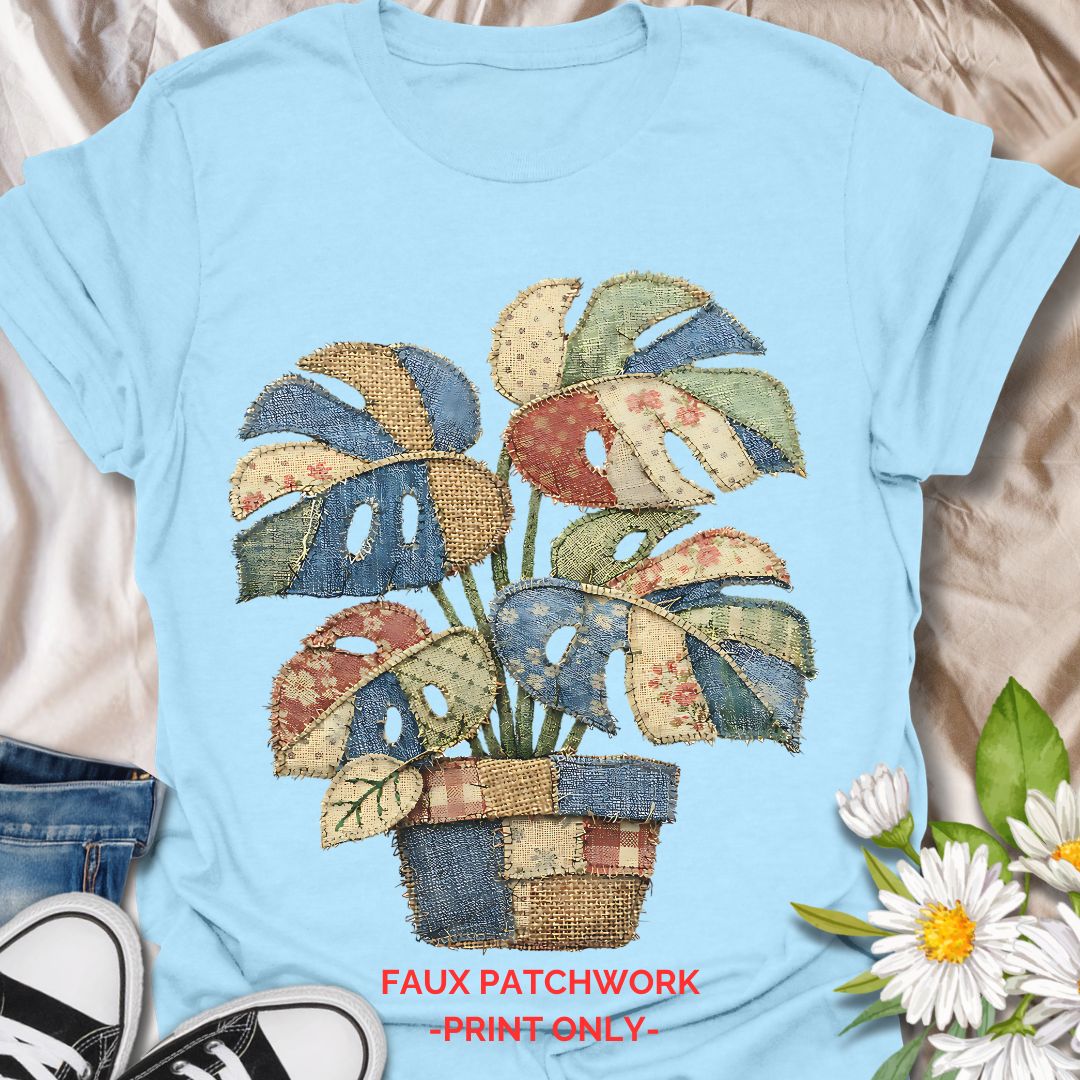 Cute faux patchwork plant t-shirt featuring a colorful monstera houseplant in a vintage quilt-inspired style. A cozy botanical tee for plant lovers, plant moms, indoor gardeners, and cottagecore fashion fans.