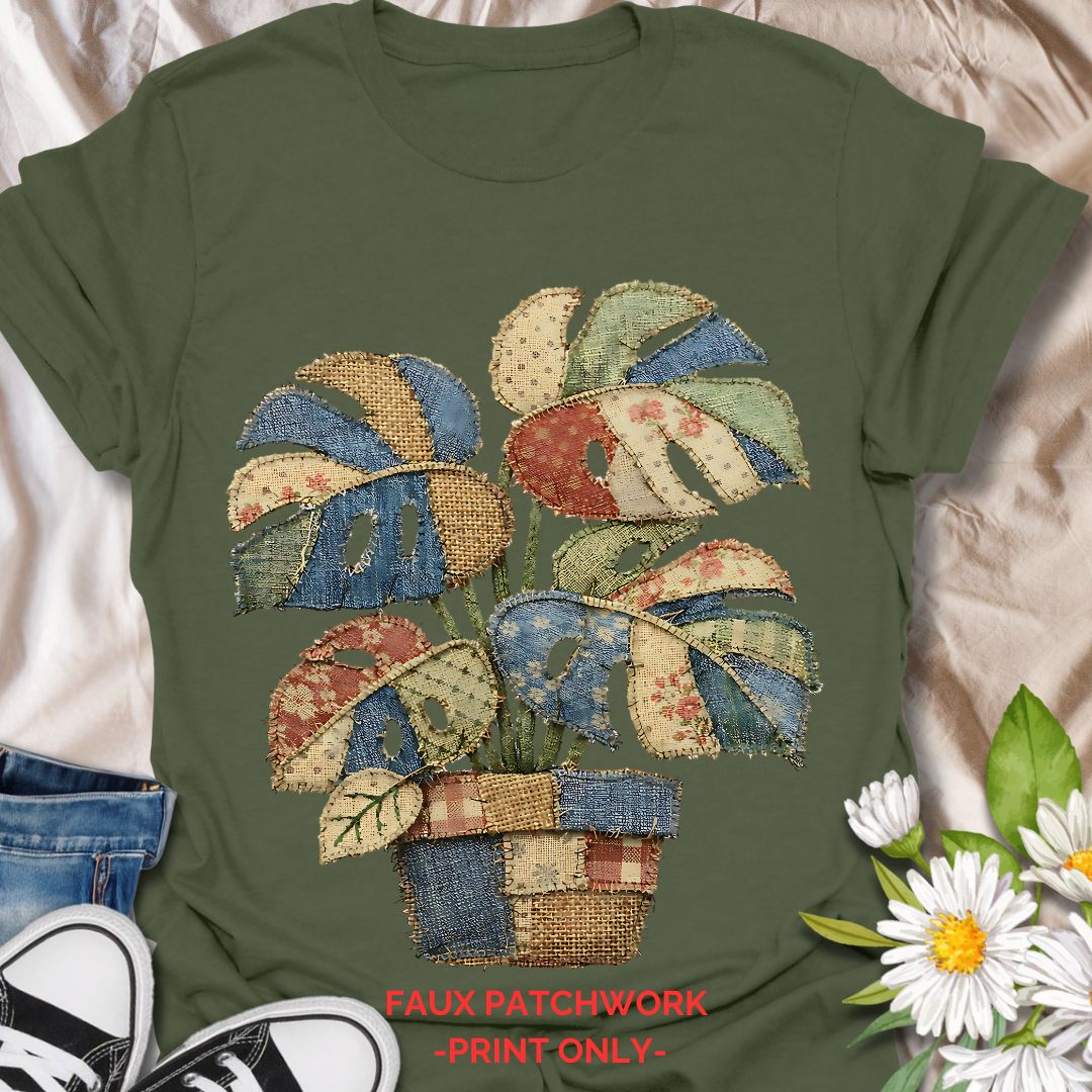 Cute faux patchwork plant t-shirt featuring a colorful monstera houseplant in a vintage quilt-inspired style. A cozy botanical tee for plant lovers, plant moms, indoor gardeners, and cottagecore fashion fans.
